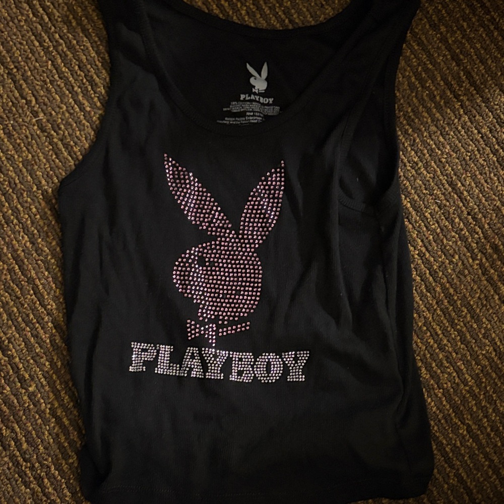 PLAYBOY Black Tank with Pink Rhinestone Bunny